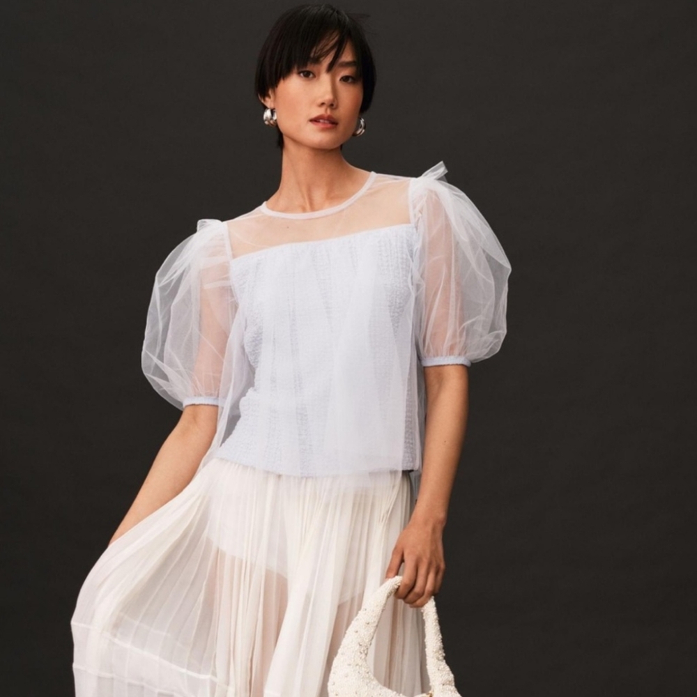 NWT Anthropologie Blue Tulle Puff Sleeve Smocked Blouse